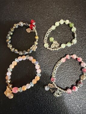 Lot of 4 Beaded Charm Bracelet - Pink, Green, Gold, Black Options